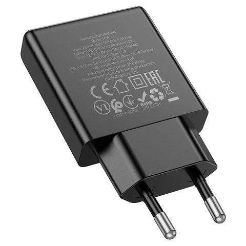 Мережевий зарядний пристрій Hoco N38, 20 Вт, Quick Charge, Power Delivery (PD), чорний, 2 порта, #6942007610100 Прев'ю 1