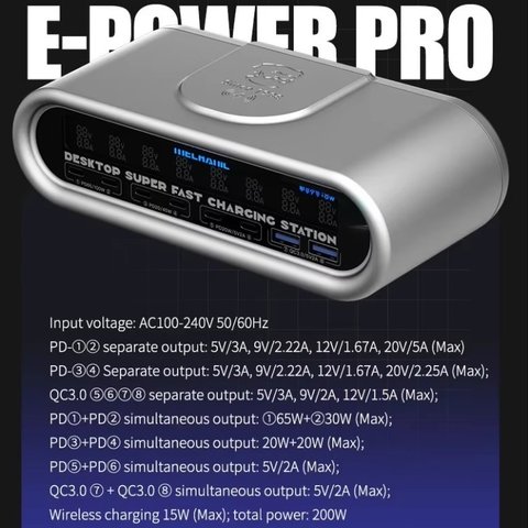 Adaptador de red Mechanic E-Power Pro, 200 W, Quick Charge, Power Delivery (PD), con cargador inalámbrico, 8 puertos Vista previa  1