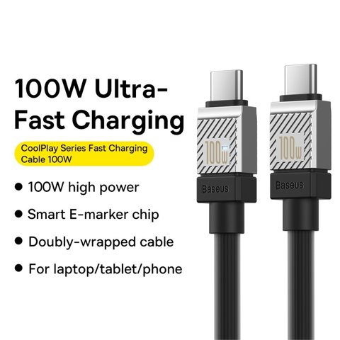 Cable USB Baseus Coolplay Series, 2xUSB tipo-C, 100 cm, 100 W, negro, de silicona, #CAKW000201 Vista previa  2