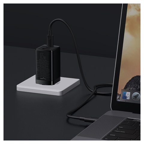 Adaptador de red Baseus GaN3 Pro, 65 W, Quick Charge, negro, con cable USB tipo C - USB tipo C, 3 puertos, #CCGP050101 Vista previa  1