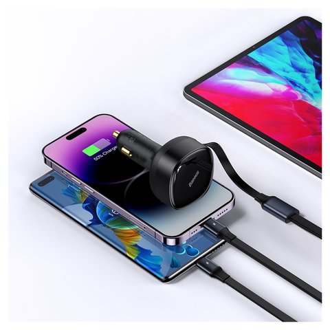 Автомобільний зарядний пристрій Baseus Enjoyment Retractable 2-in-1, чорне, Quick Charge, з кабелем, 30 Вт, 12-24 B, #CGTX000001 Прев'ю 3
