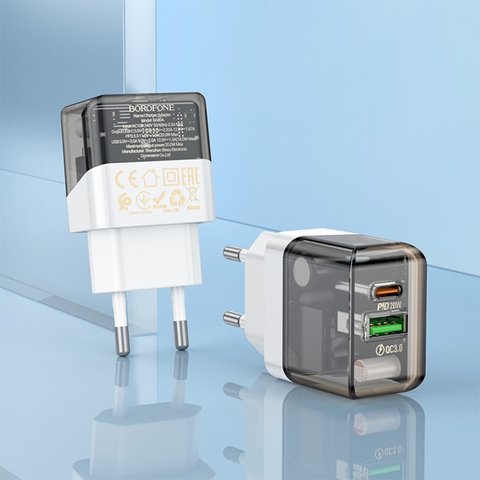 Мережевий зарядний пристрій Borofone BA80A, 20 Вт, Quick Charge, Power Delivery (PD), чорний, прозорий, 2 порта, #6941991105159 Прев'ю 1