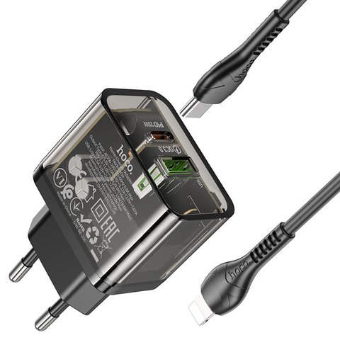 Мережевий зарядний пристрій Hoco N34, 20 Вт, Power Delivery (PD), чорний, прозорий, з кабелем USB тип-C до Lightning для Apple, 2 порта, #6931474799173 Прев'ю 4